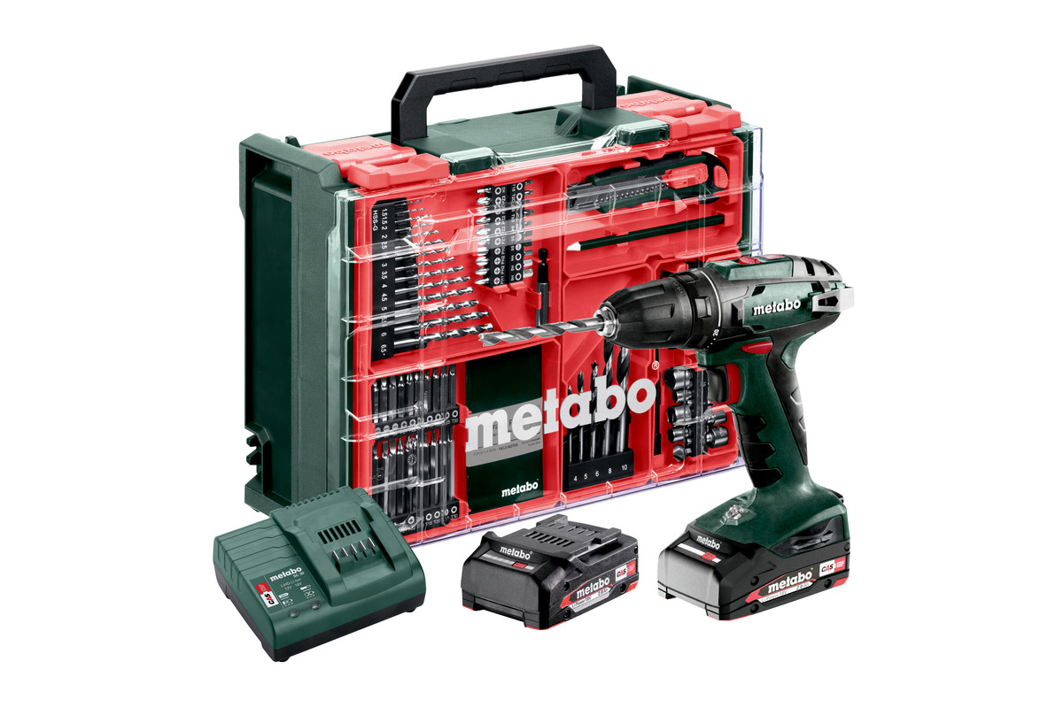 Metabo BS 18 SET Accu-boorschroefmachine 18 V | 2 x 2.0 Ah accu + lader | In kunststof koffer + 74-delige mobiele werkplaats - 602207710