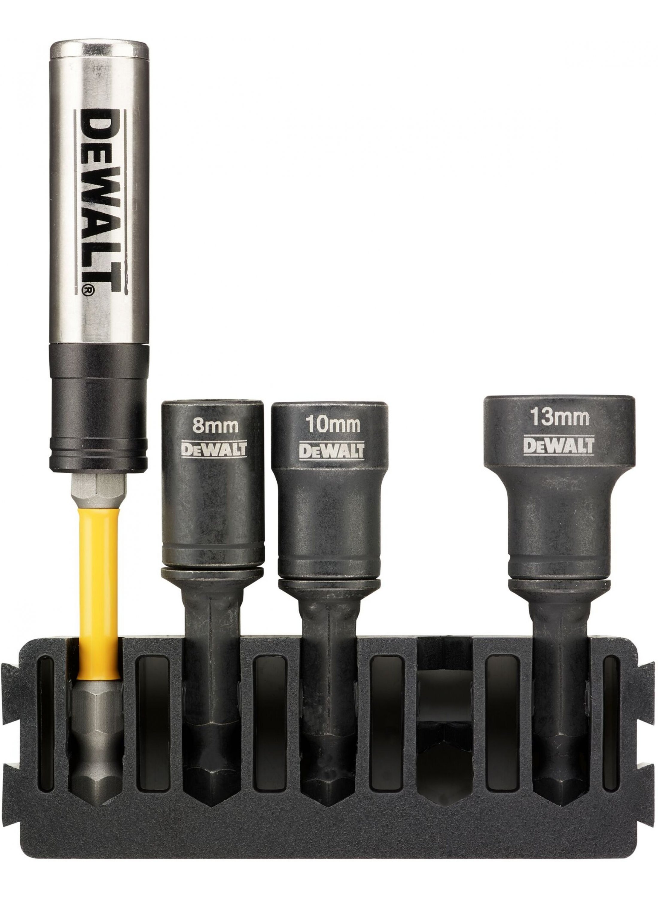 DeWalt Accessoires Houder + IMPACT magnetische zeskantdoppen (reinigbaar) | 5 stuks | 8 mm, 10 mm, 13 mm + Flextorq schroefgeleider - DT70827-QZ