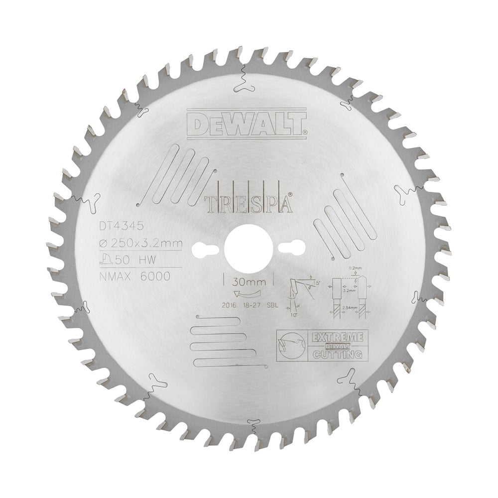 DeWalt Accessoires Cirkelzaagblad geschikt voor Trespa®, 250x30x50t, HT, positief 5°, kerf 3,2mm - DT4345-QZ