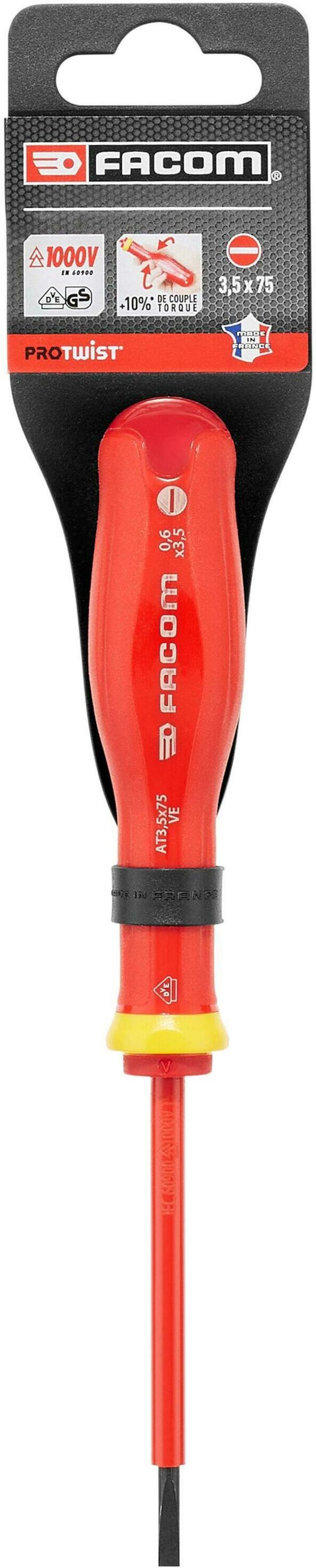 Facom AT.VE - Tot 1000 Volt Geïsoleerde Protwist® Schroevendraaiers voor Sleufschroeven | 3,5 x 75 mm - AT3.5X75VEPB