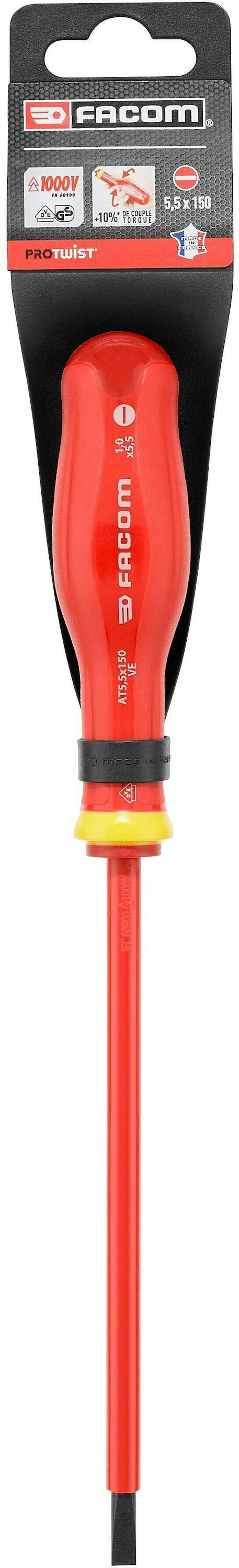 Facom AT.VE - Tot 1000 Volt Geïsoleerde Protwist® Schroevendraaiers voor Sleufschroeven | 5,5 x 150 mm - AT5.5X150VEPB