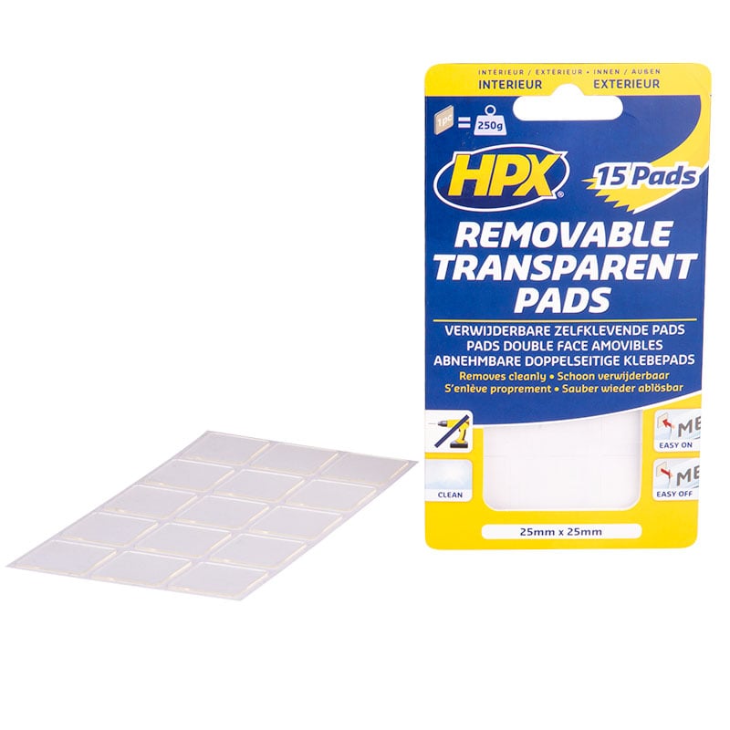 HPX Dubbelzijdige verwijderbare transp. pads | 15 stuks | 25mm x 25mm | Transparant - HT2525 HT2525