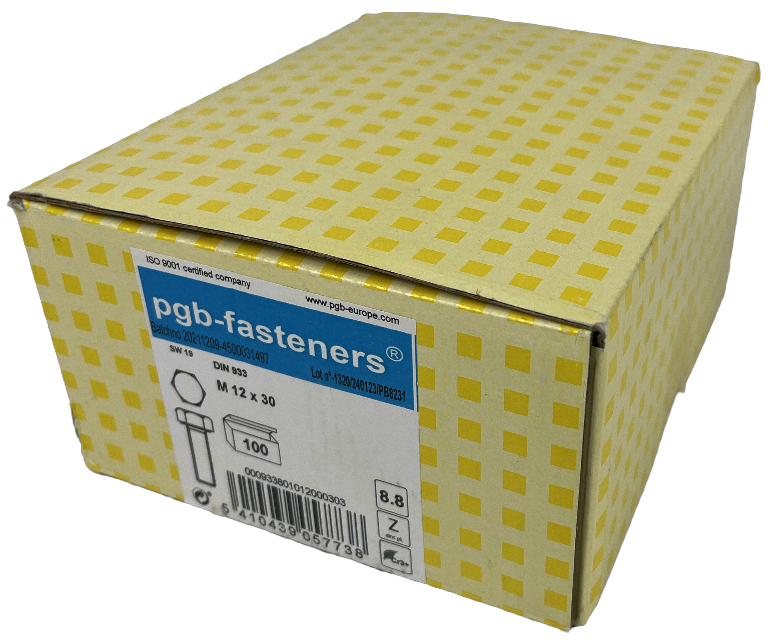 pgb-Europe PGB-FASTENERS | Zeskanttapbout 8.8 DIN 933 M 12x30 Zn | 100 st - 933801012000303