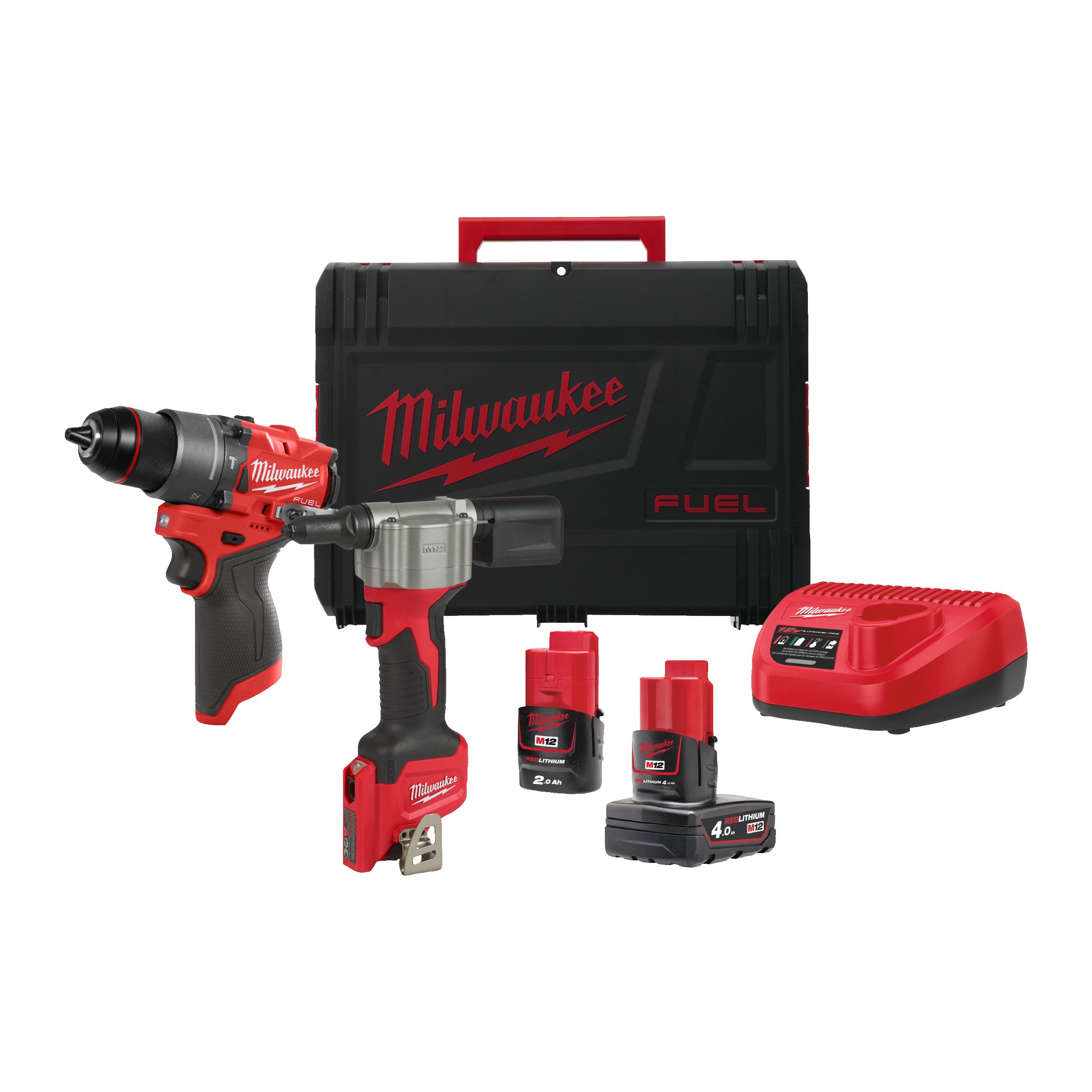 Milwaukee M12 FPP2D2-422X | M12 FUEL powerpack (M12 FPD2, M12 BPRT, 1 x M12 B2 accu, 1 x M12 B4 accu, 1 x C12C lader, 1 x HD Box) - 4933480593