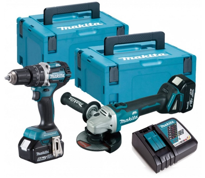 Makita DLX2179TJ1 18V LXT 2 delige Brushless DGA504 Haakse slijper + DHP484 (Klop)boormachine set met 2 x 5.0Ah accu's afbeelding