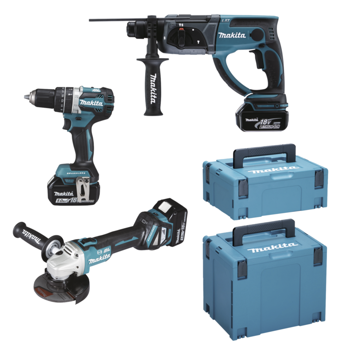 Makita DLX3093TJ 18V LXT 3 delige set: DGA513 Haakse slijper + DHP484 (Klop)boormachine + DHR202 Boorhamer met 3 x 5.0Ah accu&apos;s - DLX3093TJ