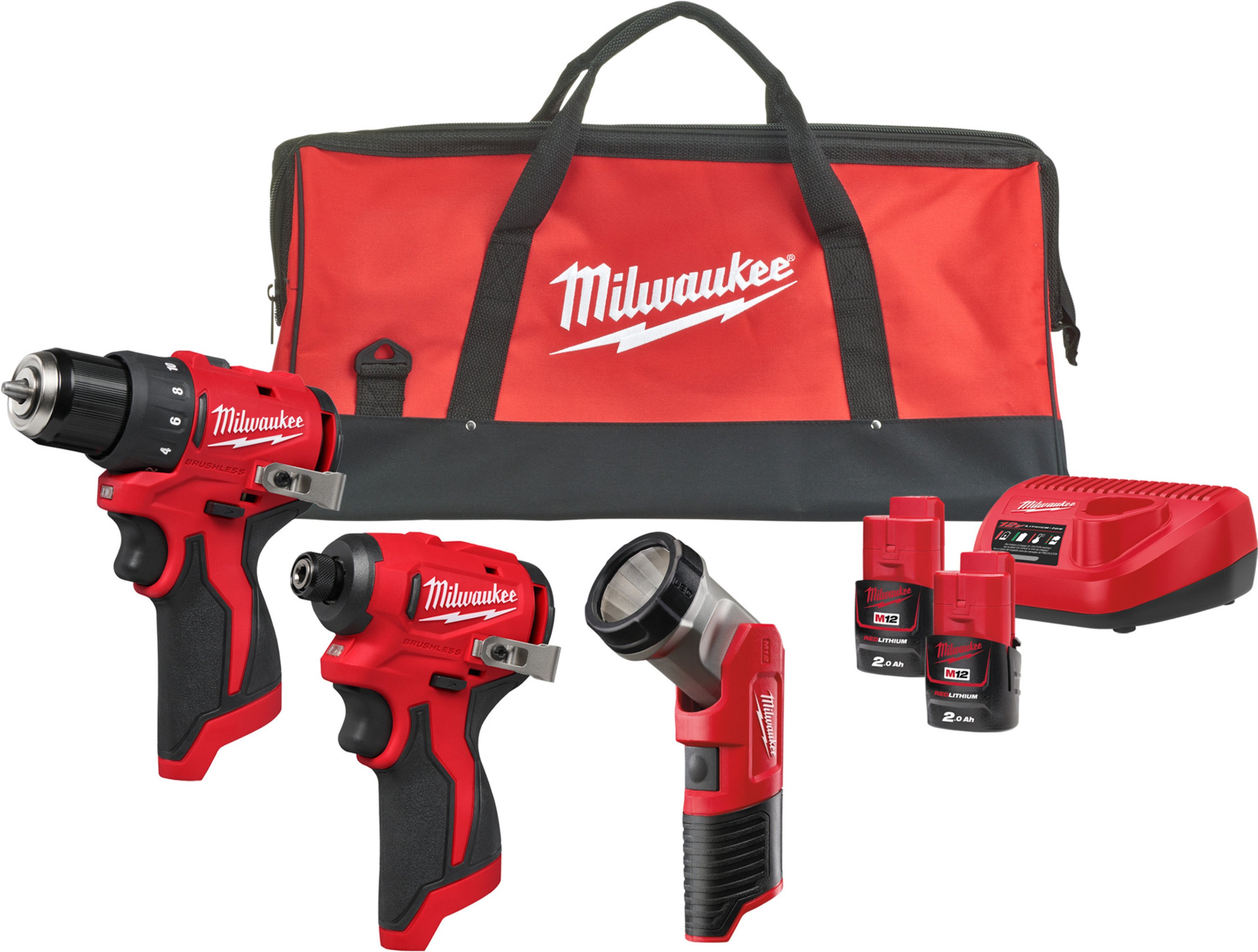 Milwaukee M12 BLPP3A-202B Accu-machineset 3-delig BLDDRC + BLIDRC + TLED in tas | Incl. 2x 2,0Ah accu en lader - 4933499694