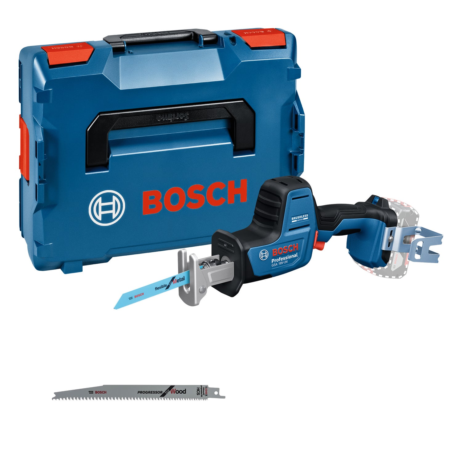 Bosch Blauw GSA 18V-24 Reciprozaag | Solo | Incl. Zaagblad S922EF, S2345X, Haak | Zonder Accu en Lader in L-Boxx - 06016A5101