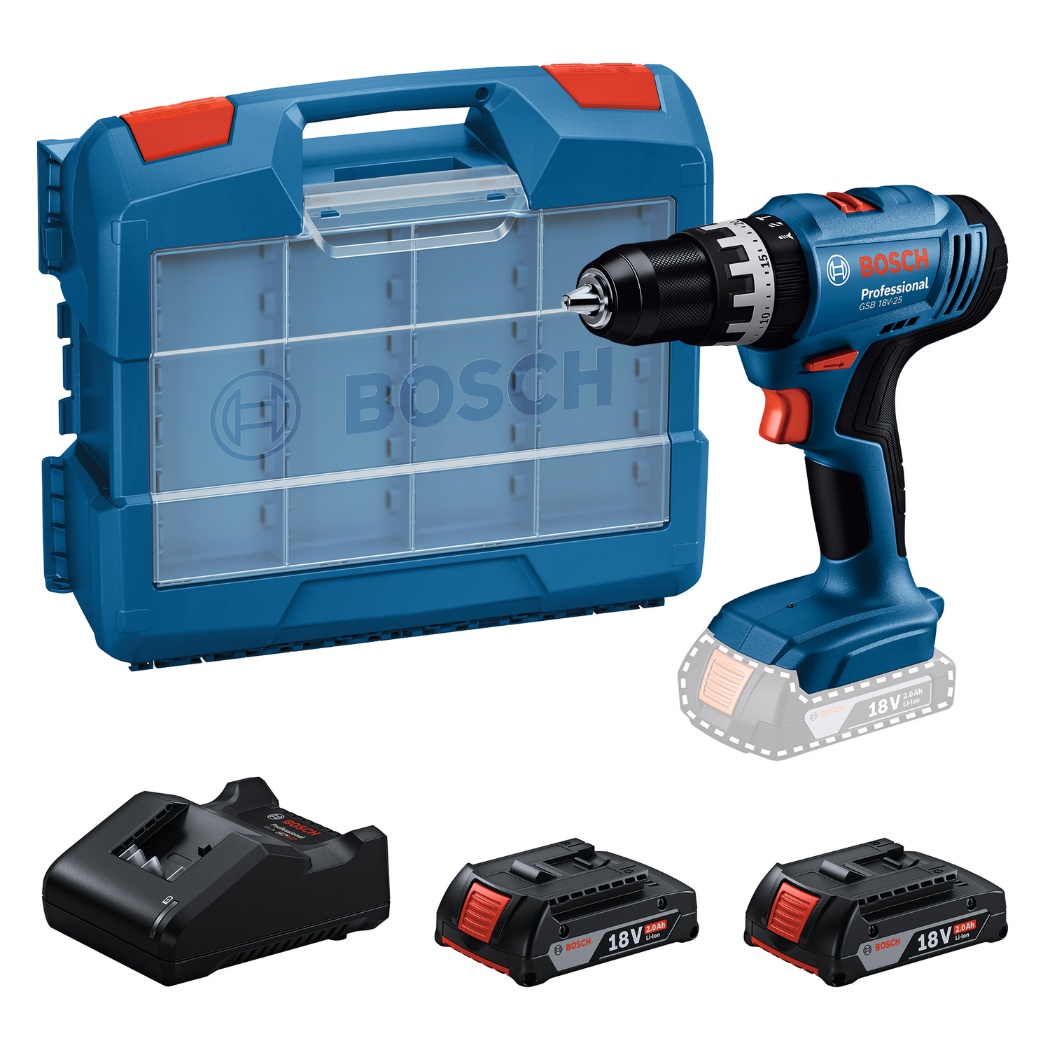 Bosch Blauw GSB 18V-25 Accu klopboorschroefmachine 18V | 2x 2,0Ah + GAL 18V-20 + 63-delige accessoireset | In L-Case - 06019K9304