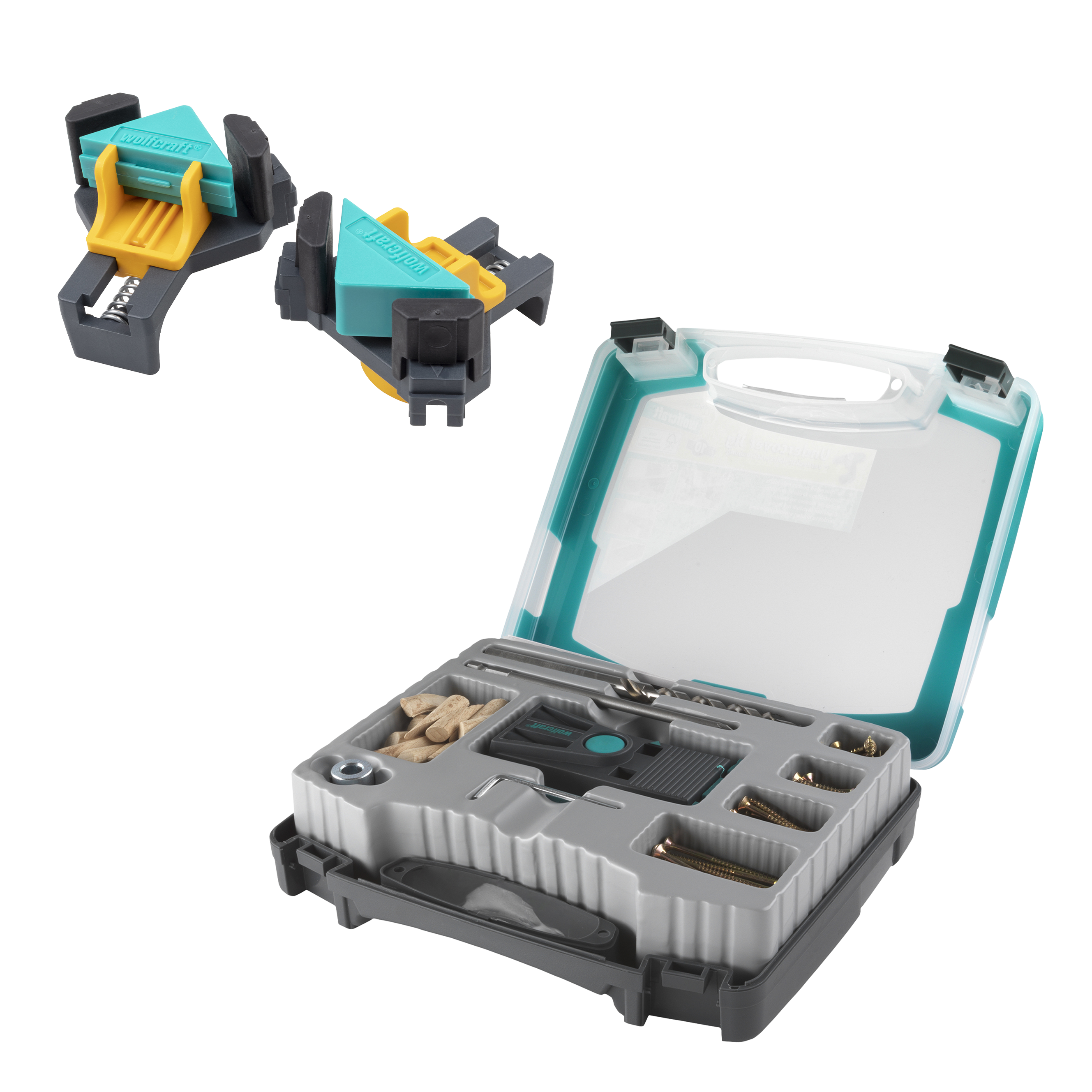 wolfcraft - Pocket Hole Jig - inclusief Hoekklemmen 4 stuks - Boormal - Complete Set Inclusief Schroeven - Schuin Boren - Hoekklem - Hoekspanner voor hout - 8629000