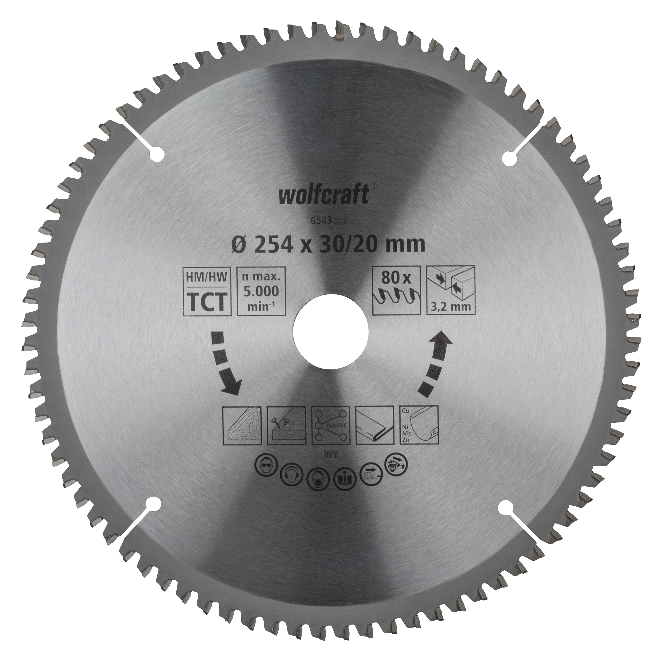 Wolfcraft Zaagblad voor Hout, Plastic en dun metaal - 254mm - 80 tanden - 30mm As - Fijn zaagwerk - HRC 40-44 - 3,2mm Zaagdikte
