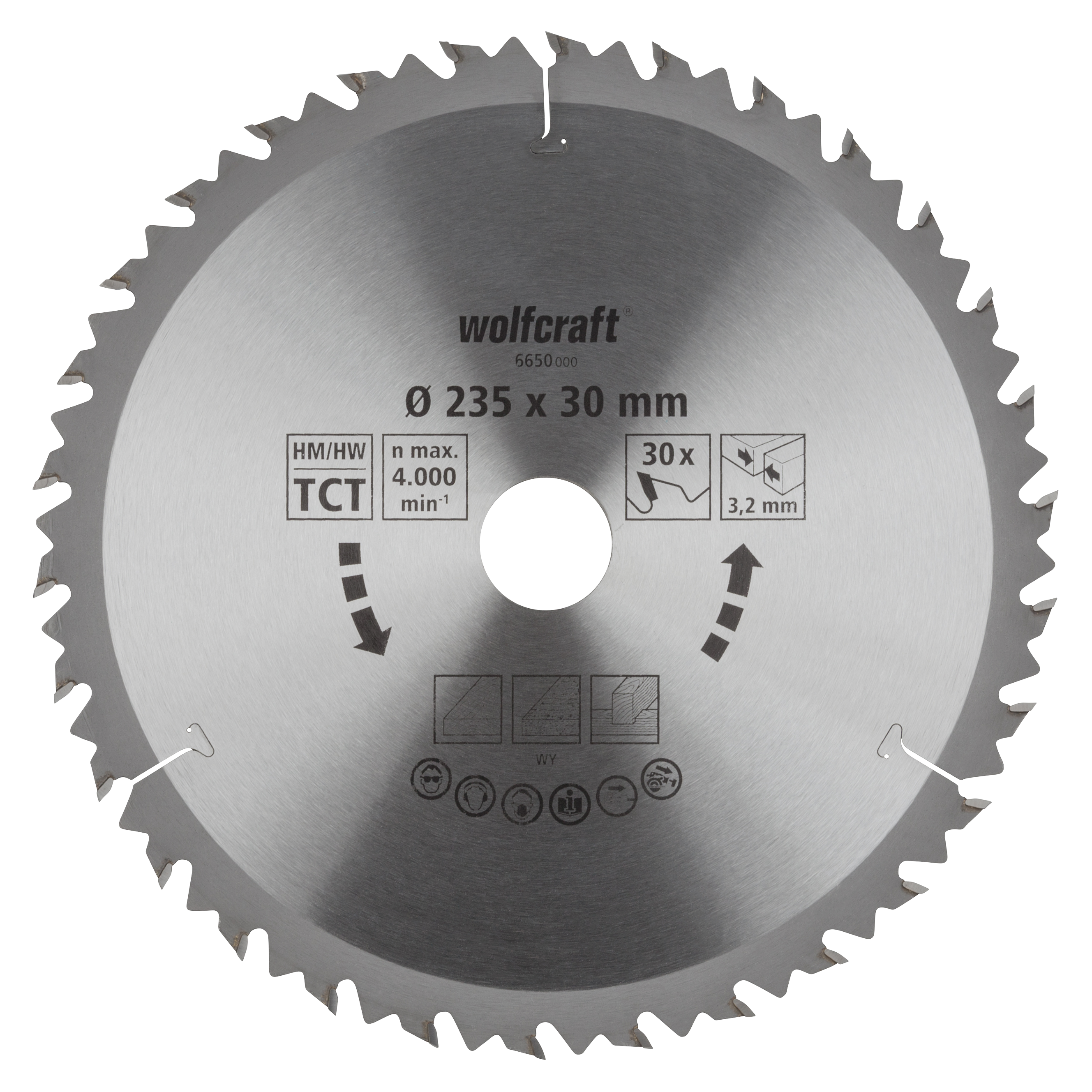 Wolfcraft Cirkelzaagblad voor hout - Grof zaagwerk - 235mm - 30 tanden - Asgat 30mm - Zaagdikte 3,2mm