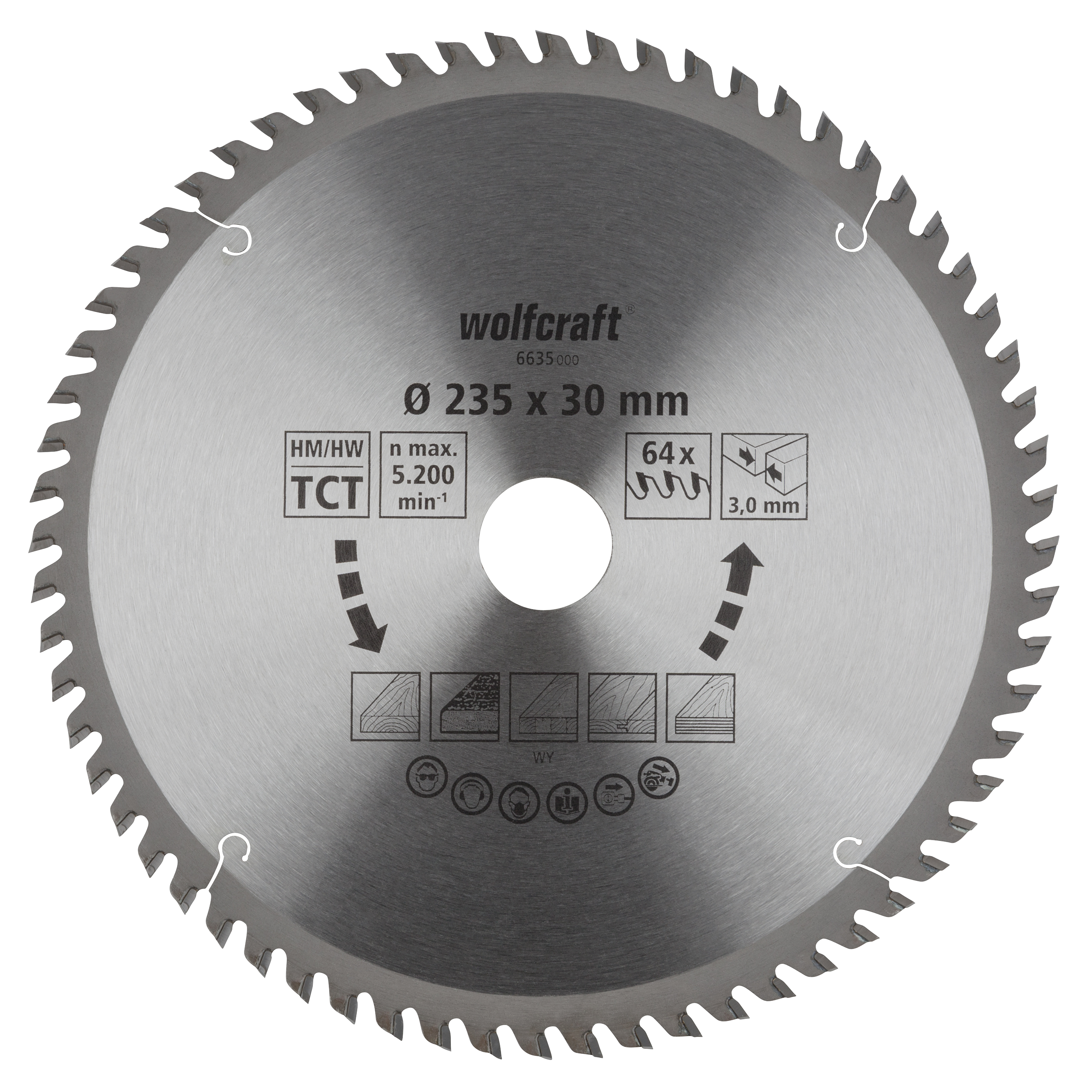 Wolfcraft Cirkelzaagblad voor Hout voor fijn zaagwerk - 235mm - Asgat 30mm - 64 tanden - 3mm zaagdikte