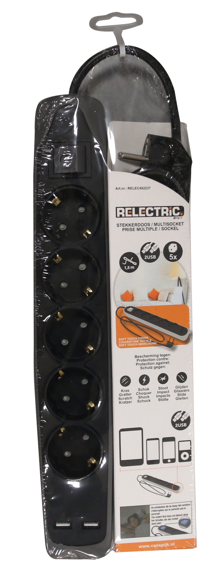 Relectric stekkerdoos 1,5 mtr 5-voudig 2x USB - RELEC492237 RELEC492237