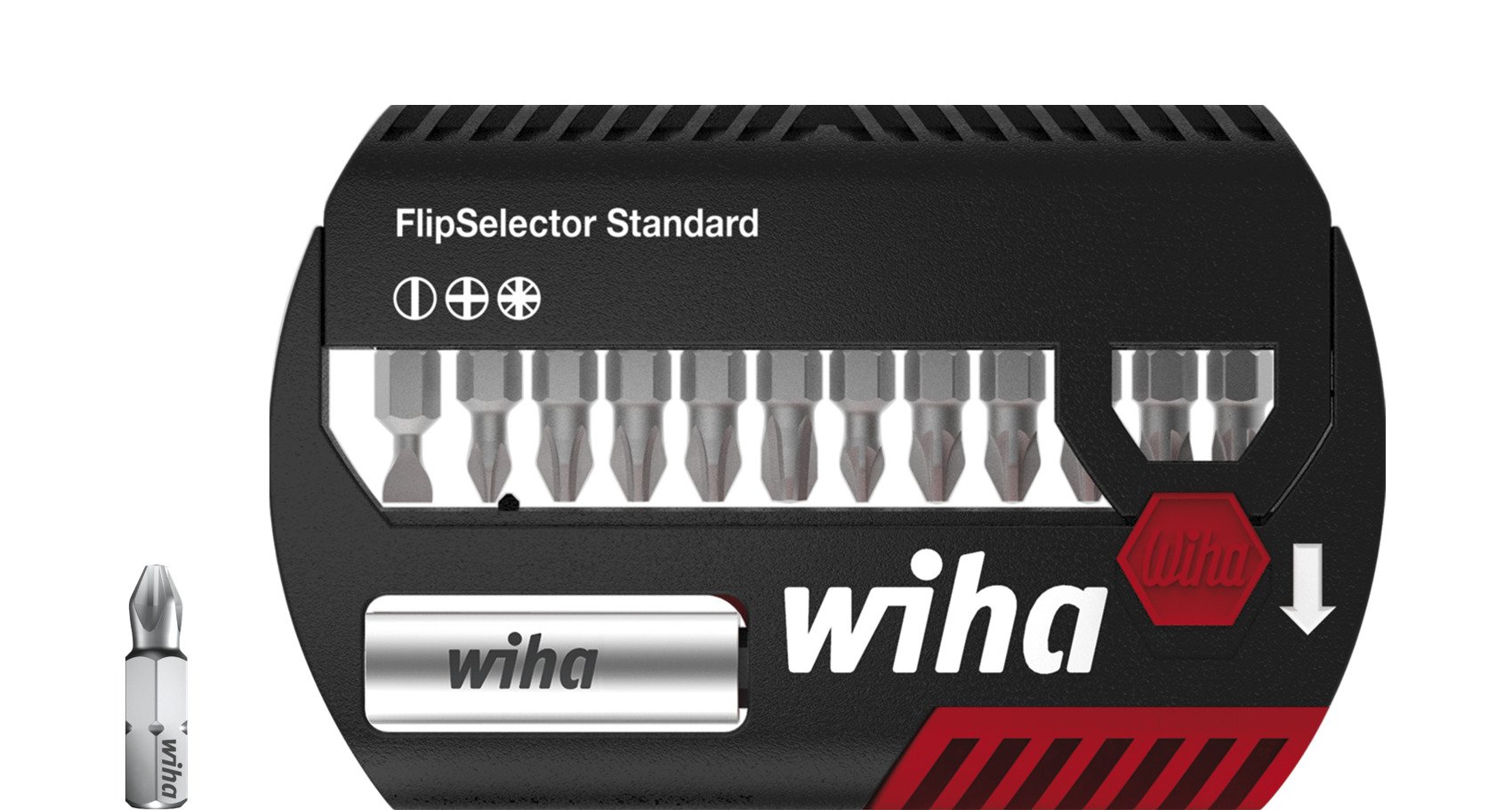 Wiha Bitset FlipSelector Standard 25 mm sleufkop, Phillips, Pozidriv 13-delig 1/4" met riemclip in blister - 39049 - 39049
