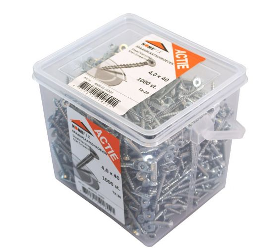 Homefix Actie-Emmer Spaanplaatschroef Vz Pk +Snijpunt Torx TX20 4.0X30 | 1200 stuks 8920.01.10100