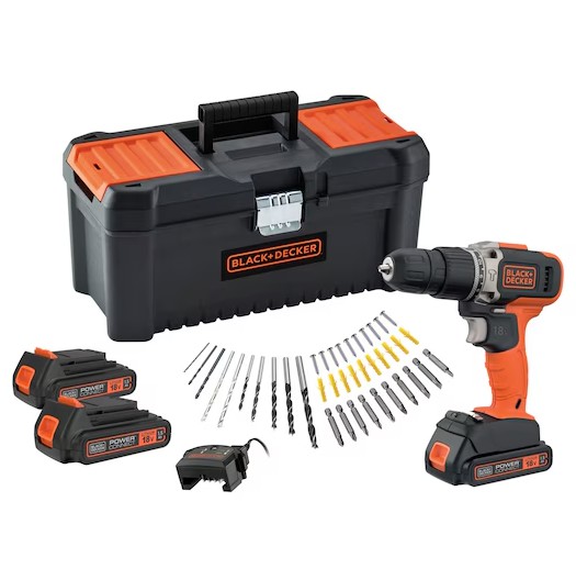 BLACK+DECKER BCD003C3TA-QW Accu Schroefklopboormachine | 18V | 1.5Ah | Incl. 3 accu's en lader + 40 accessoires in kluskoffer - BCD003C3TA-QW