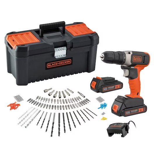 BLACK+DECKER BCD001C2TA-QW Accu Schroefboormachine | 18V | 1.5Ah | Incl. 2 accu's en lader + 120 accessoires in kluskoffer - BCD001C2TA-QW