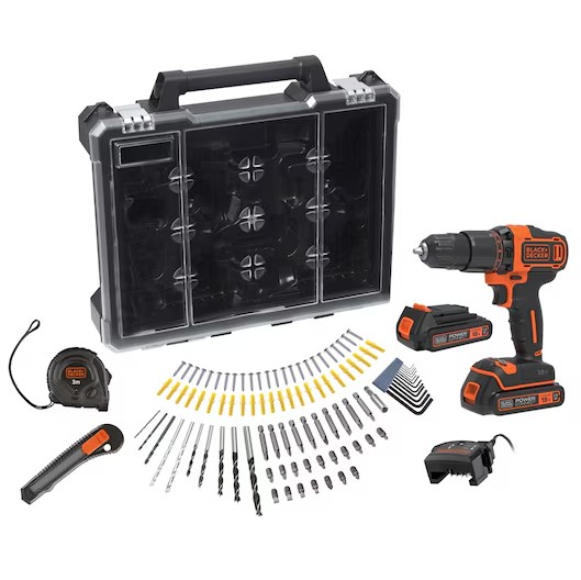 BLACK+DECKER Accu Klopboormachine | 18V | Incl. 2x 1.5Ah accu's en 400mA oplader + 100 accessoires in opbergkoffer - BCD700C2AMB-QW