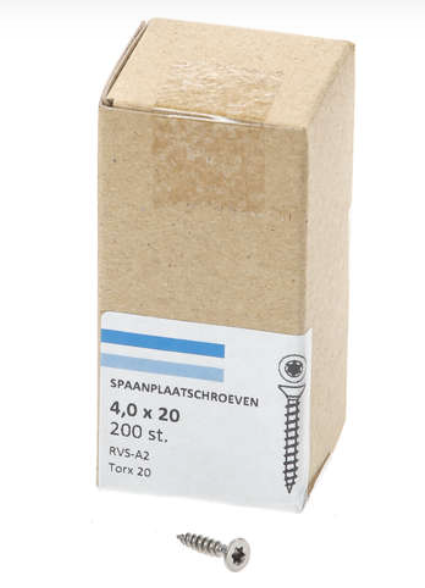 Hoenderdaal Spaanplaatschroef Rvs-A2 Platkop voldraad Torx TX20 4.0X20 | 200 stuks - 0206.30.25001
