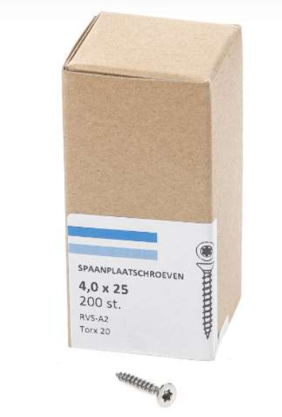 Hoenderdaal Spaanplaatschroef Rvs-A2 Platkop voldraad Torx TX20 4.0X25 | 200 stuks - 0206.30.25103