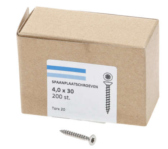 Hoenderdaal Spaanplaatschroef Rvs-A2 Platkop voldraad Torx TX20 4.0X30 | 200 stuks - 0206.30.25203