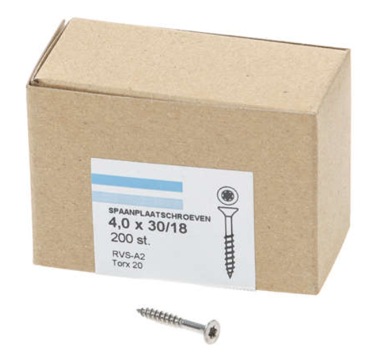 Hoenderdaal Spaanplaatschroef Rvs-A2 Platkop deeldraad Torx TX20 4.0X30/18 | 200 stuks - 0206.30.25201 afbeelding 1