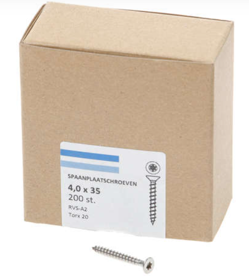 Hoenderdaal Spaanplaatschroef Rvs-A2 Platkop voldraad Torx TX20 4.0X35 | 200 stuks - 0206.30.25403