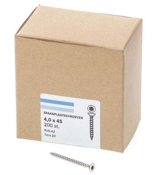 Hoenderdaal Spaanplaatschroef Rvs-A2 Platkop voldraad Torx TX20 4.0X45 | 200 stuks - 0206.30.25803