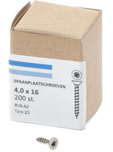 Hoenderdaal Spaanplaatschroef Rvs-A2 Platkop voldraad Torx TX20 4.0X16 | 200 stuks - 0206.30.24701