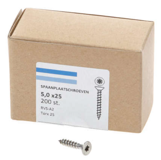 Hoenderdaal Spaanplaatschroef Rvs-A2 Platkop voldraad Torx TX25 5.0X25 | 200 stuks - 0206.30.41103