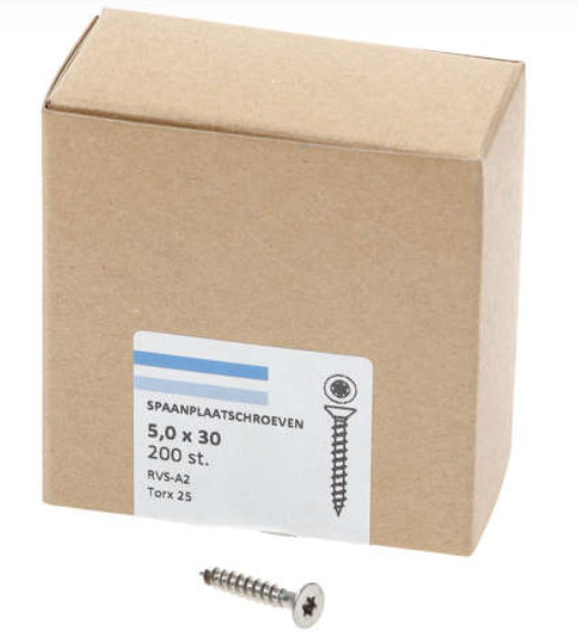 Hoenderdaal Spaanplaatschroef Rvs-A2 Platkop voldraad Torx TX25 5.0X30 | 200 stuks - 0206.30.41203
