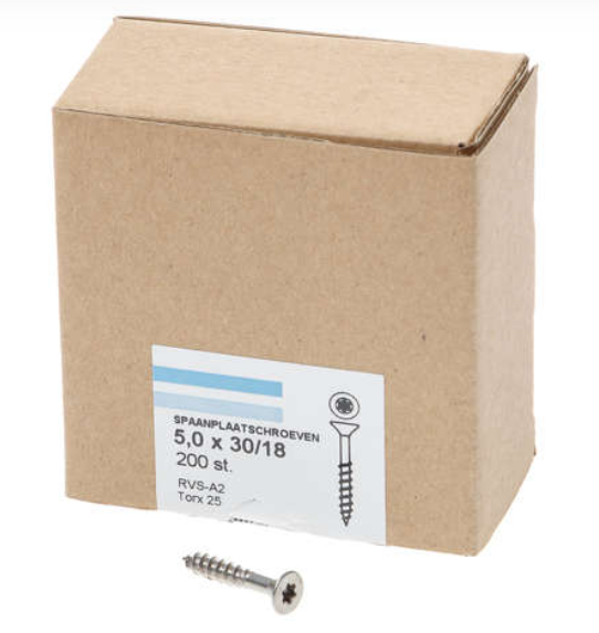 Hoenderdaal Spaanplaatschroef Rvs-A2 Platkop deeldraad Torx TX25 5.0X30/18 | 200 stuks - 0206.30.41201