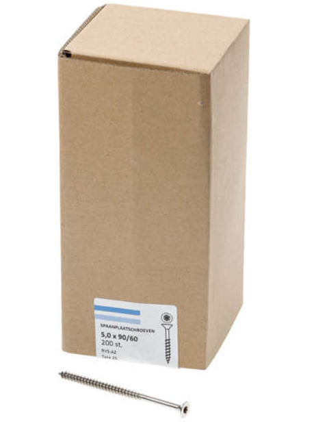 Hoenderdaal Spaanplaatschroef Rvs-A2 Platkop deeldraad Torx TX25 5.0X90/60 | 200 stuks - 0206.30.42501