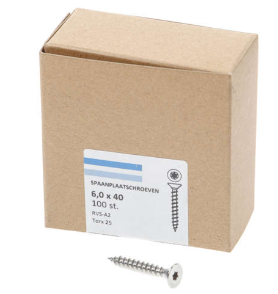 Hoenderdaal Spaanplaatschroef Rvs-A2 Platkop voldraad Torx TX25 6.0X40 | 100 stuks - 0206.30.49603
