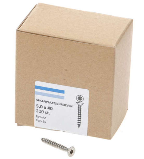Hoenderdaal Spaanplaatschroef Rvs-A2 Platkop voldraad Torx TX25 5.0X40 | 200 stuks - 0206.30.41603