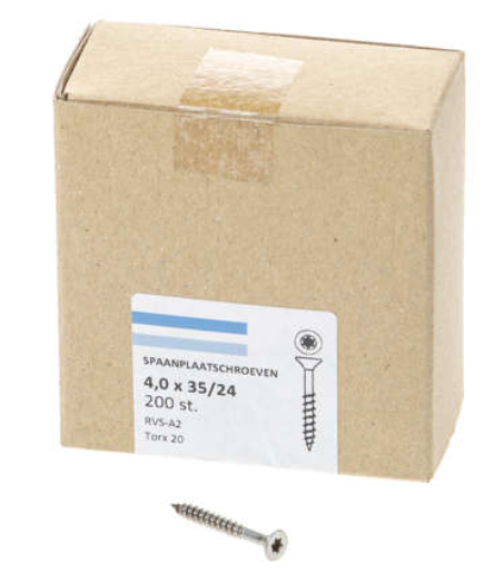 Hoenderdaal Spaanplaatschroef Rvs-A2 Platkop deeldraad Torx TX20 4.0X35/24 | 200 stuks - 0206.30.25401