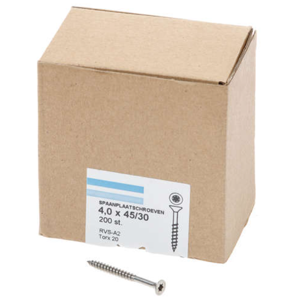 Hoenderdaal Spaanplaatschroef Rvs-A2 Platkop deeldraad Torx TX20 4.0X45/30 | 200 stuks - 0206.30.25801