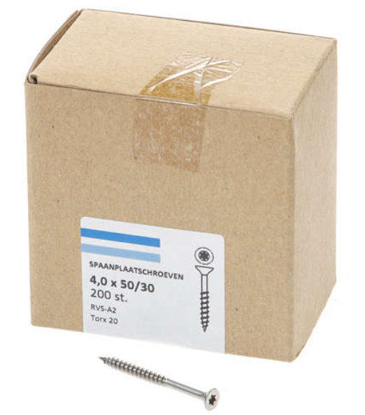 Hoenderdaal Spaanplaatschroef Rvs-A2 Platkop deeldraad Torx TX20 4.0X50/30 | 200 stuks - 0206.30.25901