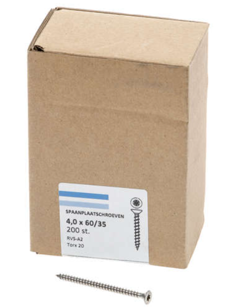 Hoenderdaal Spaanplaatschroef Rvs-A2 Platkop voldraad Torx TX20 4.0X60 | 200 stuks - 0206.30.26003