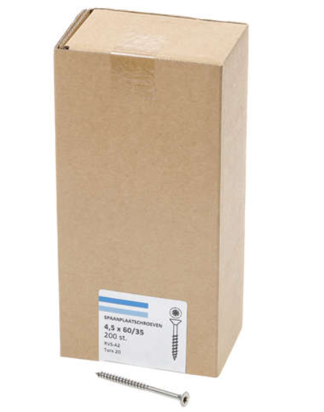 Hoenderdaal Spaanplaatschroef Rvs-A2 Platkop deeldraad Torx TX20 4.5X60/35 | 200 stuks - 0206.30.34001