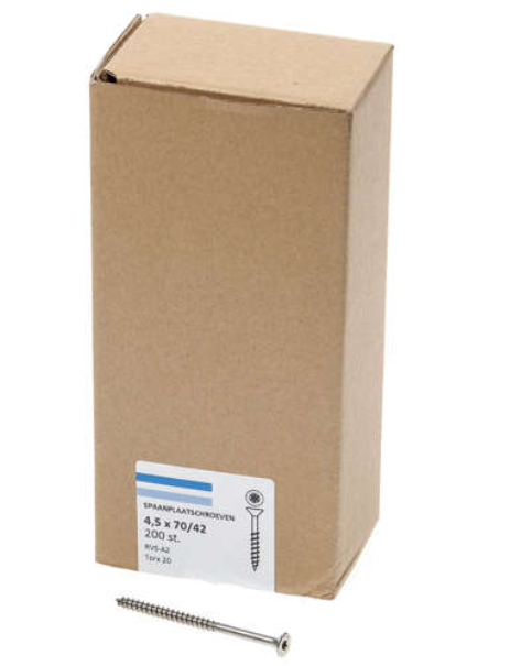 Hoenderdaal Spaanplaatschroef Rvs-A2 Platkop deeldraad Torx TX20 4.5X70/42 | 200 stuks - 0206.30.34201