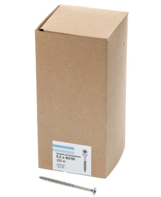 Hoenderdaal Spaanplaatschroef Rvs-A2 Platkop deeldraad Torx TX25 5.0X80/50 | 200 stuks - 0206.30.42401