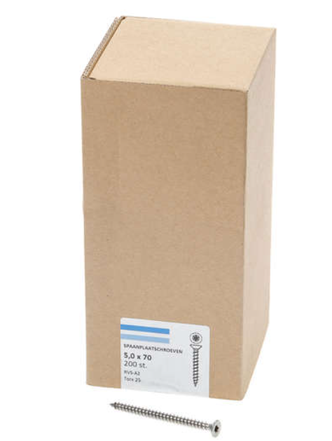 Hoenderdaal Spaanplaatschroef Rvs-A2 Platkop voldraad Torx TX25 5.0X70 | 200 stuks - 0206.30.42203