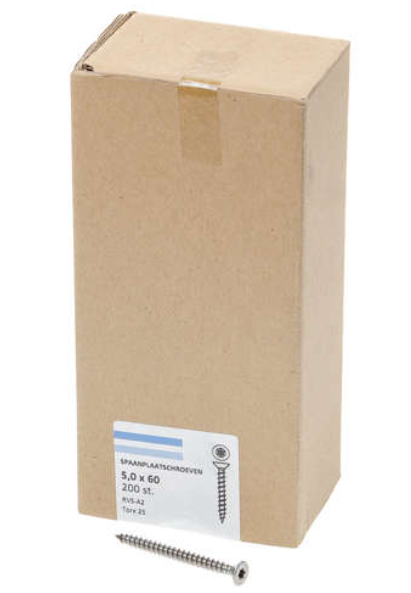 Hoenderdaal Spaanplaatschroef Rvs-A2 Platkop voldraad Torx TX25 5.0X60 | 200 stuks - 0206.30.42003