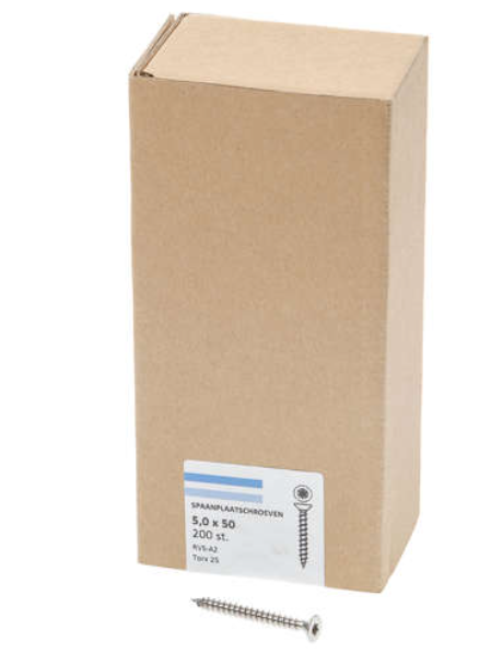 Hoenderdaal Spaanplaatschroef Rvs-A2 Platkop voldraad Torx TX25 5.0X50 | 200 stuks - 0206.30.41903