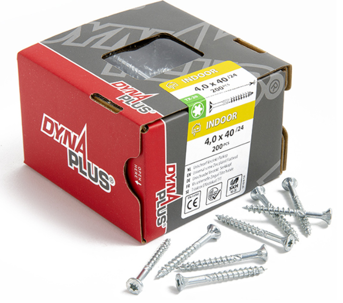 Dynaplus Unischroef / Spaanplaatschroef Verzinkt Platkop Deeldraad Torx TX20 4.0X40/24 | 200 stuks - 0281.01.25602