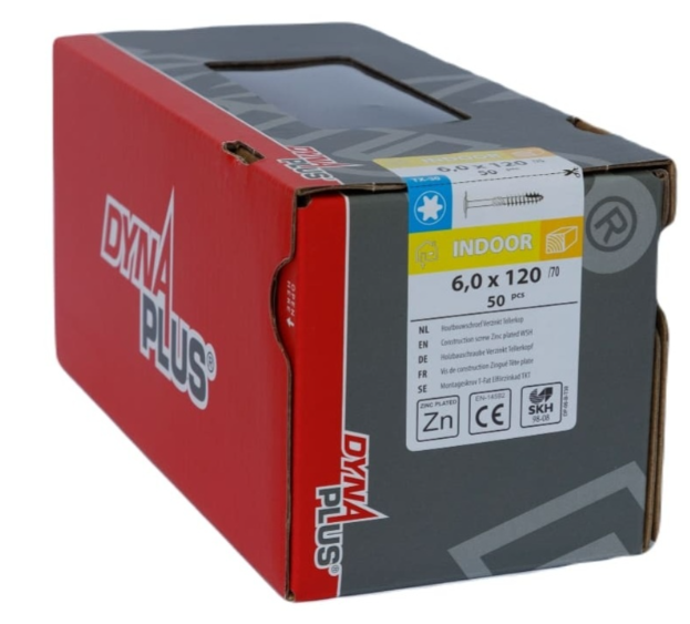 Dynaplus Houtbouwschroef Verzinkt Tellerkop Deeldraad +Snijpunt Torx TX30 6.0X120/70 | 50 stuks - 0286.01.50801