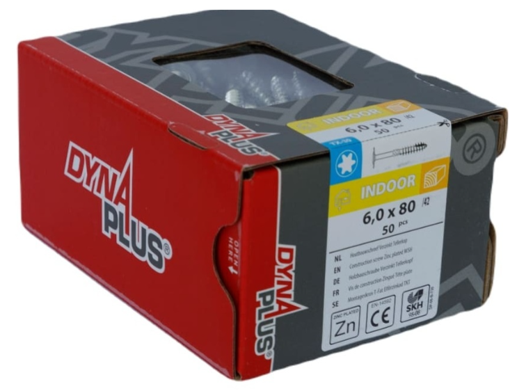 Dynaplus Houtbouwschroef Verzinkt Tellerkop Deeldraad +Snijpunt Torx TX30 6.0X80/42 | 50 stuks - 0286.01.50401