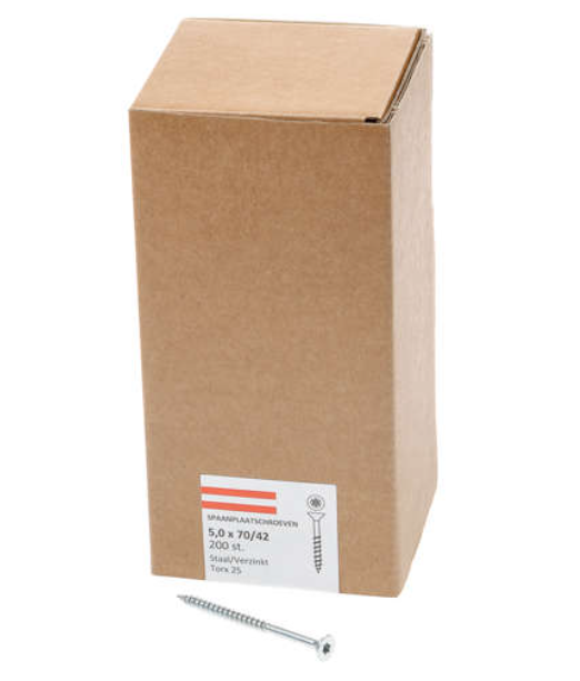 Hoenderdaal Spaanplaatschroef Verzinkt Platkop deeldraad Torx TX25 5.0X70/42 | 200 stuks - 0206.01.42201